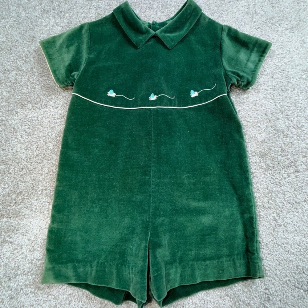 Vintage Grace Green Cotton Velvet Embroidered Mouse Romper Shortall Size 2